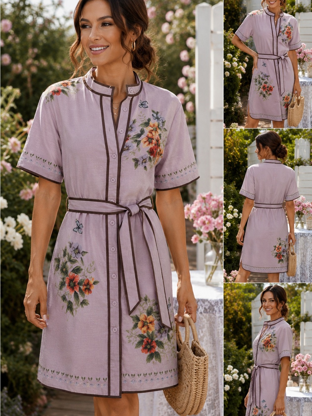 Chartou Floral Mandarin Collar Belted Shirt Dress Size L NWOT